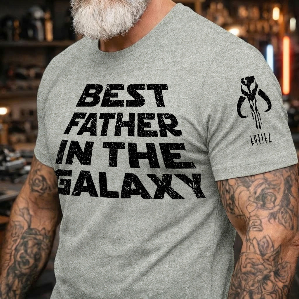 Custom Best Father In The Galaxy Name in Aurebesh and Mando'a Sleeve Printed Shirt - Personalized Father's Day Shirt
