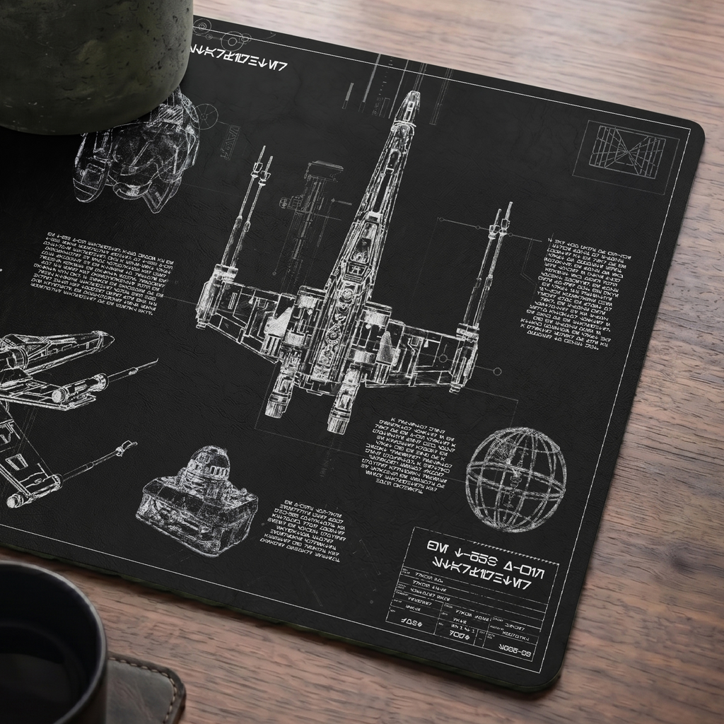 T-65B X-Wing Starfighter Blueprint Desk Mat - Galactic Office Accessory
