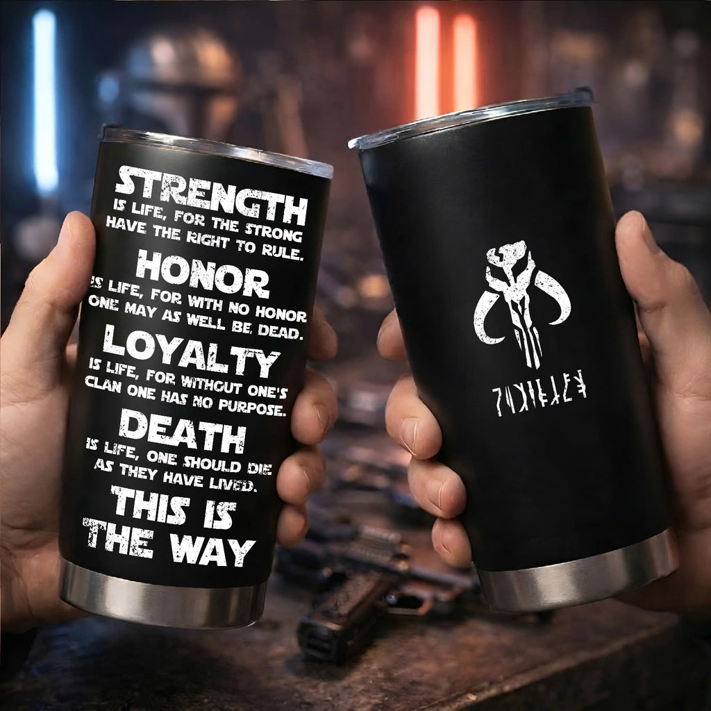 Custom Star Wars Code and Name in Aurebesh/Mando'a 20Oz Tumbler - Personalized Sith Code/ Jedi Code/ Code of Honor Insulated Mug with Lid