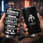 Custom Star Wars Code and Name in Aurebesh/Mando'a 20Oz Tumbler - Personalized Sith Code/ Jedi Code/ Code of Honor Insulated Mug with Lid