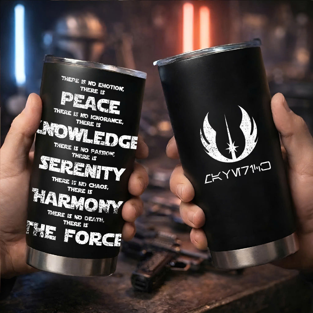 Custom Star Wars Code and Name in Aurebesh/Mando'a 20Oz Tumbler - Personalized Sith Code/ Jedi Code/ Code of Honor Insulated Mug with Lid